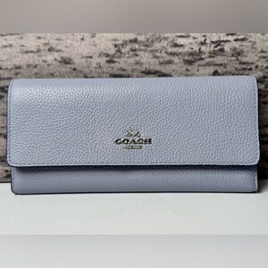 NWT Coach Soft Trifold Wallet Pebble Leather Mist Blue / Silver 39745